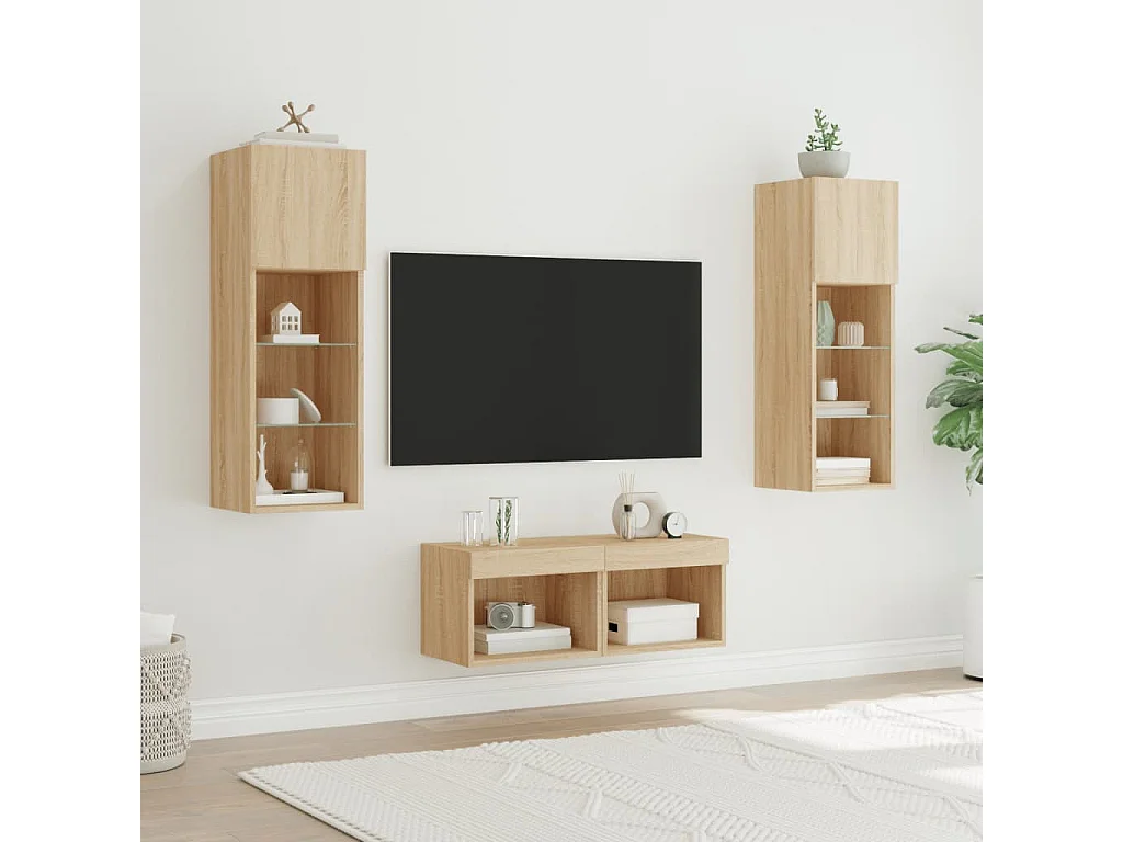 Meuble TV muraux 4 pcs avec lumières LED chêne sonoma WET1513
