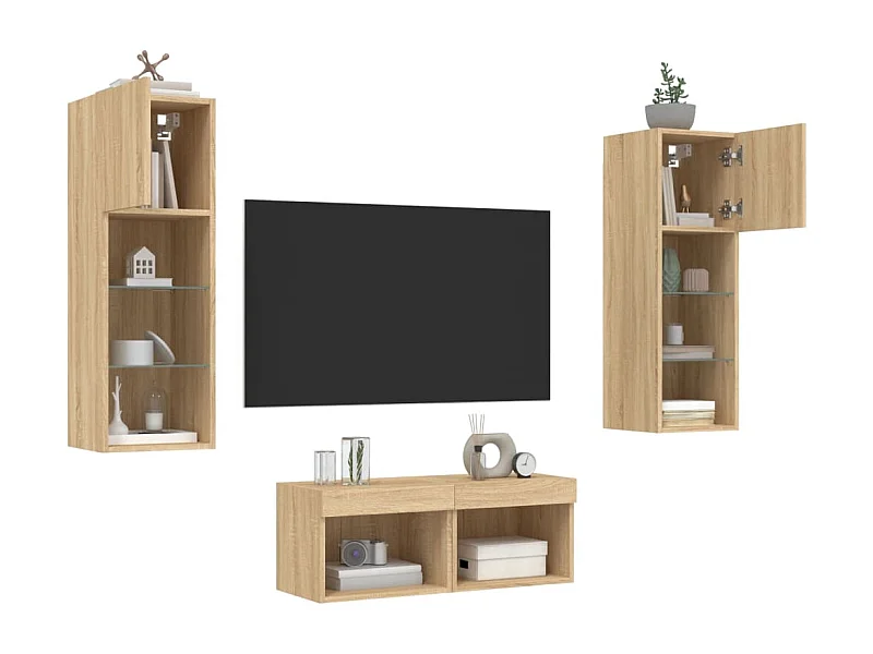 Mobili TV | Armadietti TV a Muro 4pz con Luci LED Rovere Sonoma