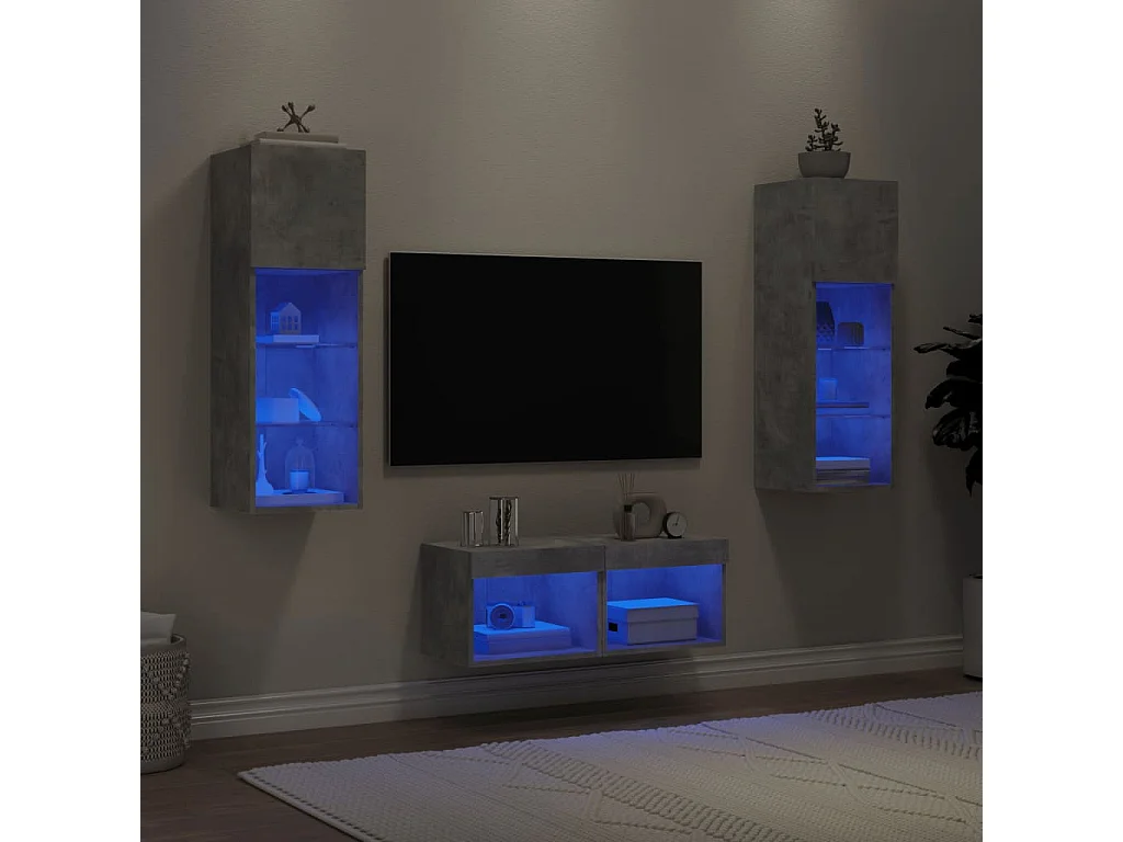 Meuble TV muraux 4 pcs avec lumières LED gris béton WET9519