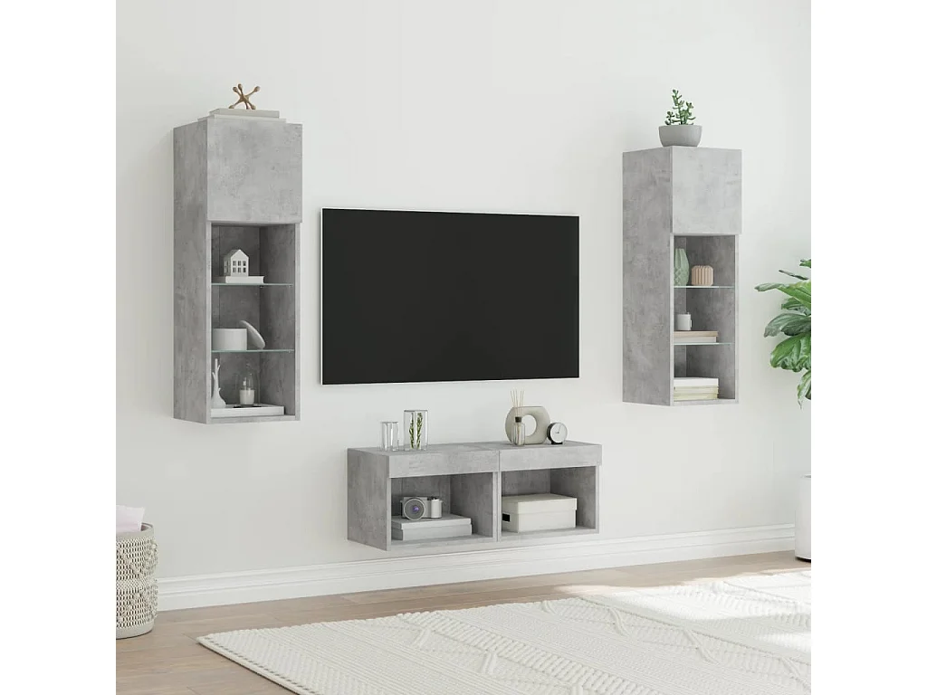 Meuble TV muraux 4 pcs avec lumières LED gris béton WET9519
