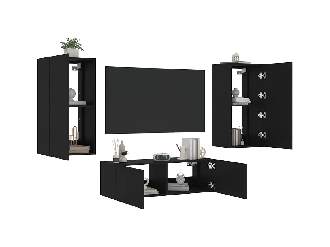 3-delige tv-wandmeubelset met LED-verlichting zwart NL632887
