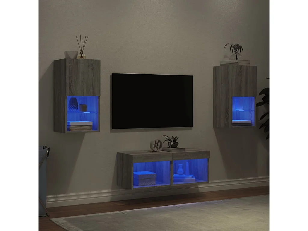 4 pcs móveis de parede para TV com luzes LED cinzento sonoma PT989323