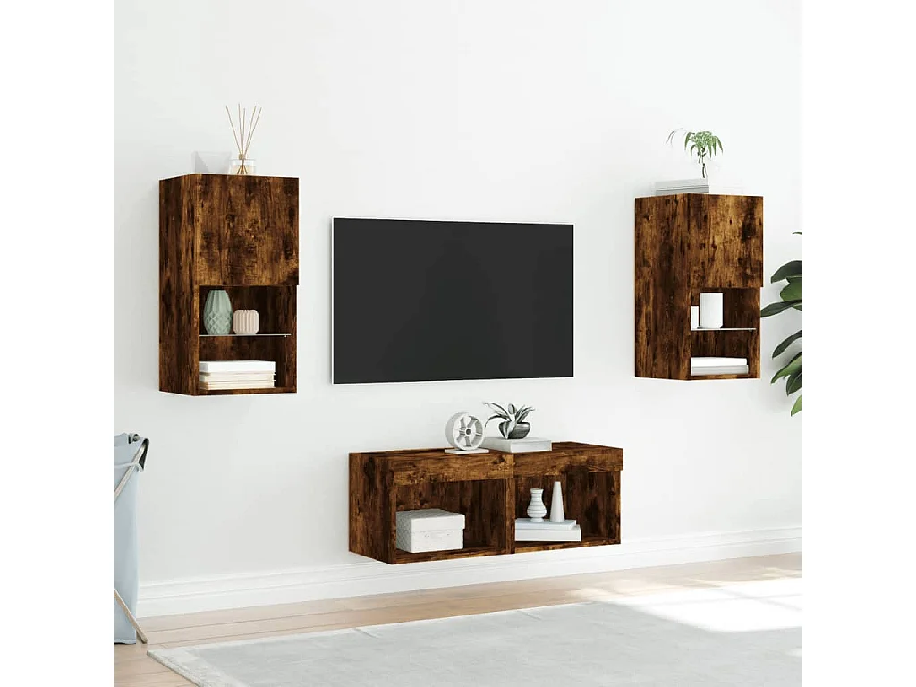Muebles de TV de pared con luces LED 4 piezas roble ahumado ES204566