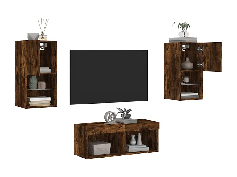 4-delige tv-wandmeubelset met LED-verlichting gerookt eiken NL708140