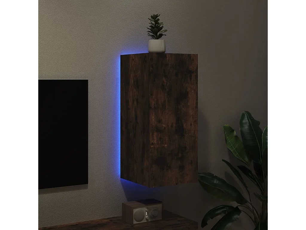 Mueble TV de pared con luces LED roble ahumado 30,5x35x70 cm ES56831