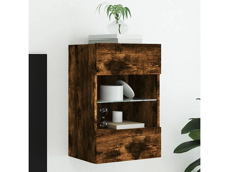 Meuble TV mural avec lumières LED chêne fumé 40x30x60,5 cm WET4353