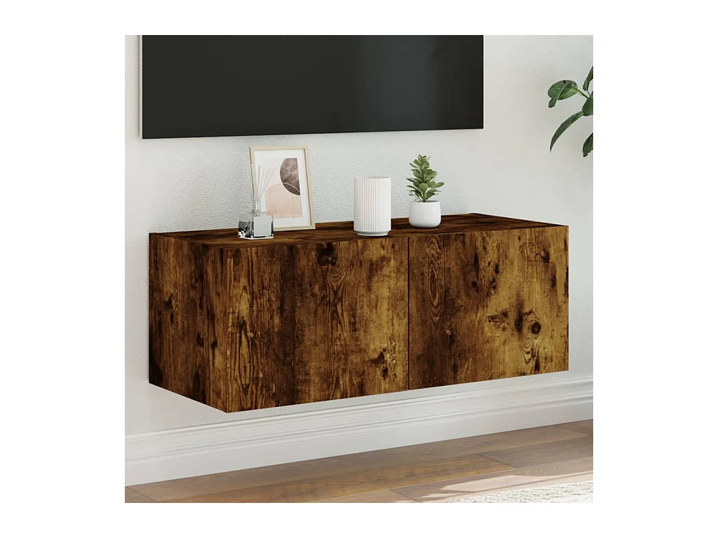 Meuble TV mural avec lumières LED chêne fumé 80x35x31 cm WET9554