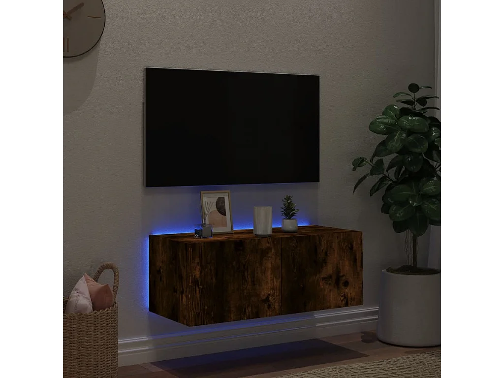 Meuble TV mural avec lumières LED chêne fumé 80x35x31 cm WET9554