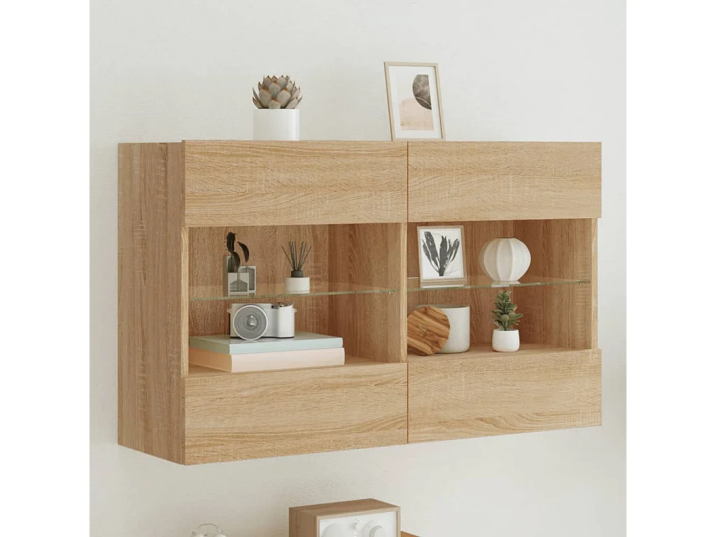 Mueble TV de pared con luces LED roble Sonoma 98,5x30x60,5 cm ES76547