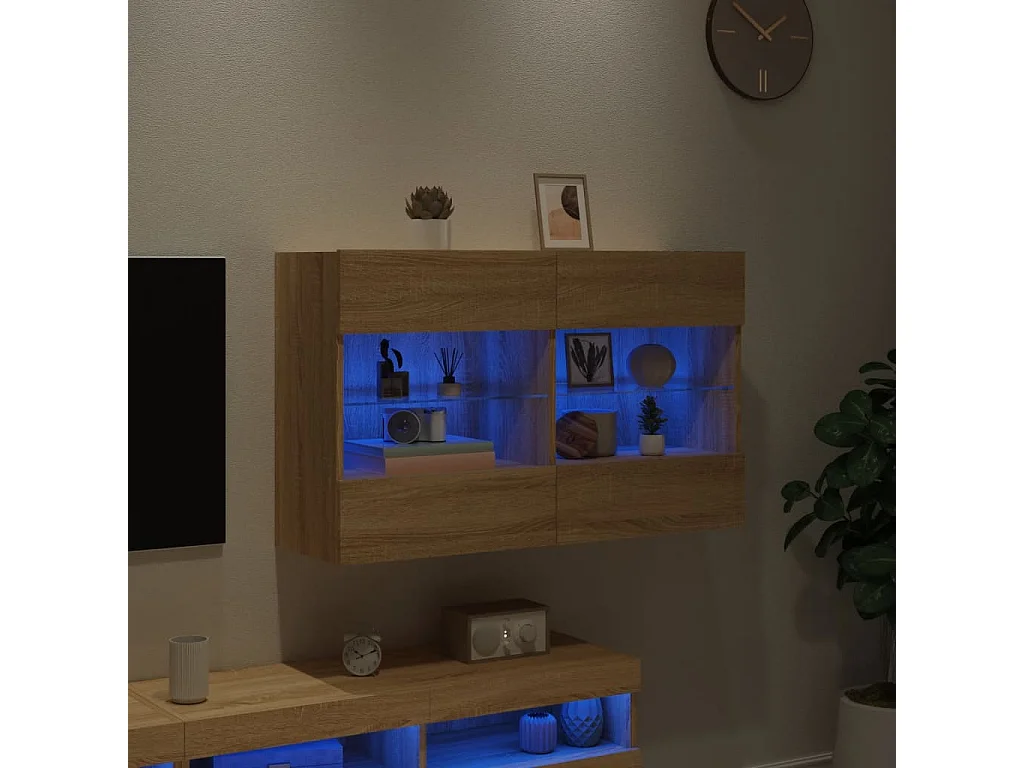 Mueble TV de pared con luces LED roble Sonoma 98,5x30x60,5 cm ES76547