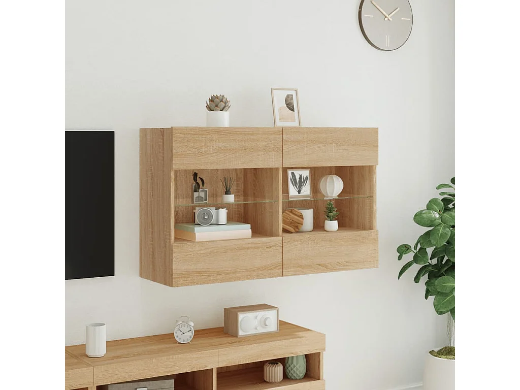 Mueble TV de pared con luces LED roble Sonoma 98,5x30x60,5 cm ES76547