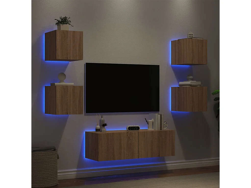 Muebles TV de pared con luces LED 5 piezas roble Sonoma ES69836