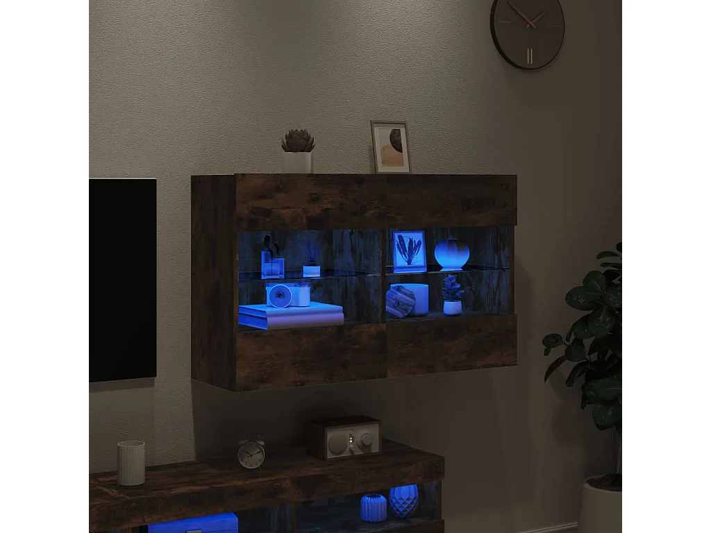 Meuble TV mural avec lumières LED chêne fumé 98,5x30x60,5 cm WET2460
