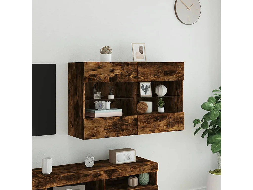 Mueble TV de pared con luces LED roble ahumado 98,5x30x60,5 cm ES83319