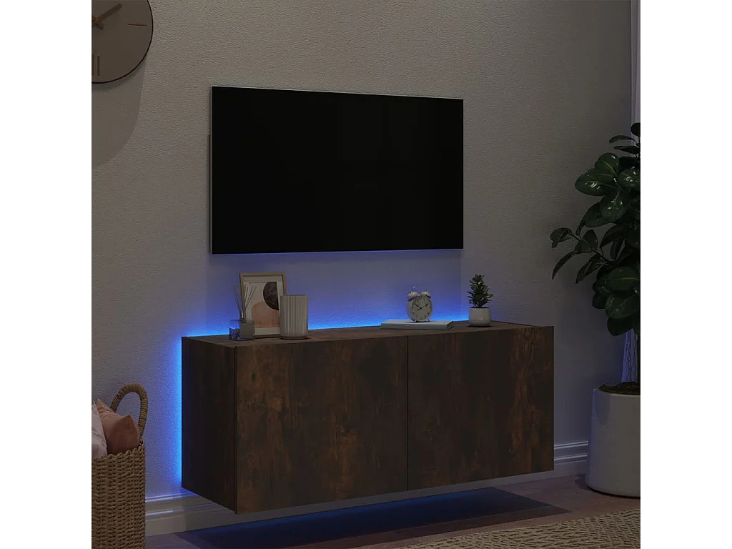 Mueble TV de pared con luces LED roble ahumado 100x35x41 cm ES70108