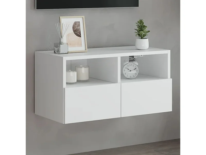 Meuble TV Mural Blanc 100x30x30 Cm - Étagère Flottante Design Avec 2 étagères Et 2 Compartiments Portes