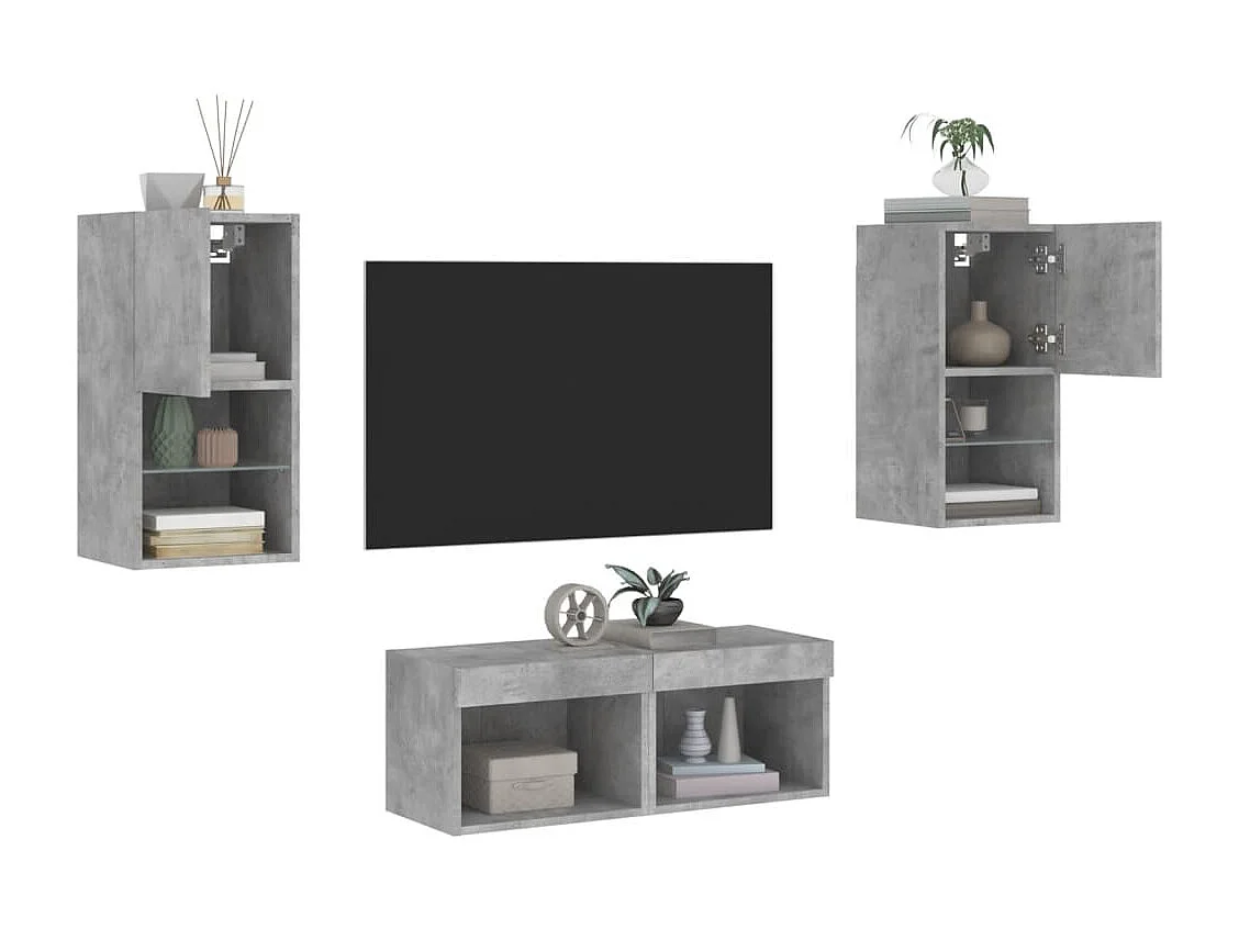 Meuble TV muraux 4 pcs avec lumières LED gris béton WET8268