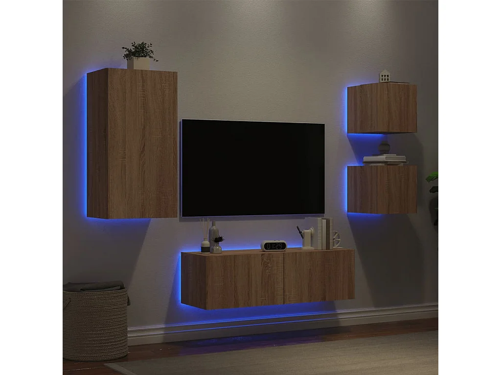 Muebles TV de pared con luces LED 4 piezas roble Sonoma ES46704
