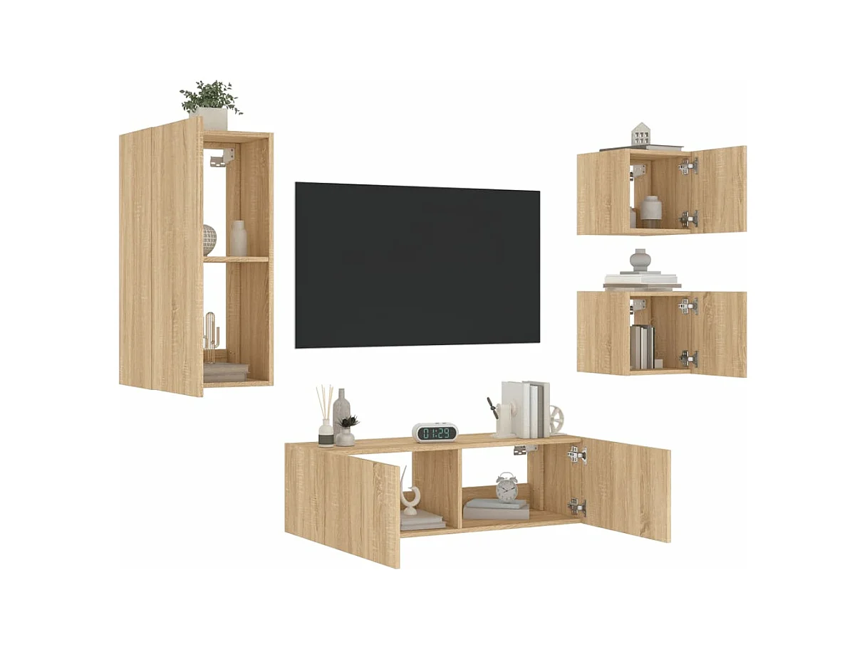 Meuble TV muraux 4 pcs avec lumières LED chêne sonoma WET5940