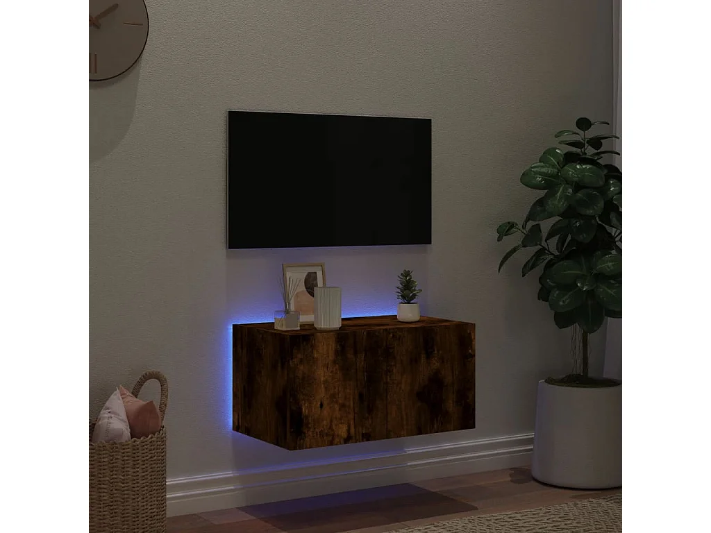 Mueble TV de pared con luces LED roble ahumado 60x35x31 cm ES97652
