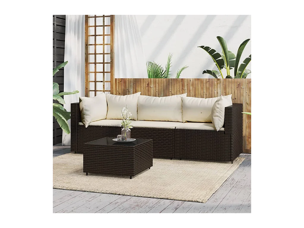 Salon de jardin 4 pcs avec coussins Marron Résine tressée REO11033