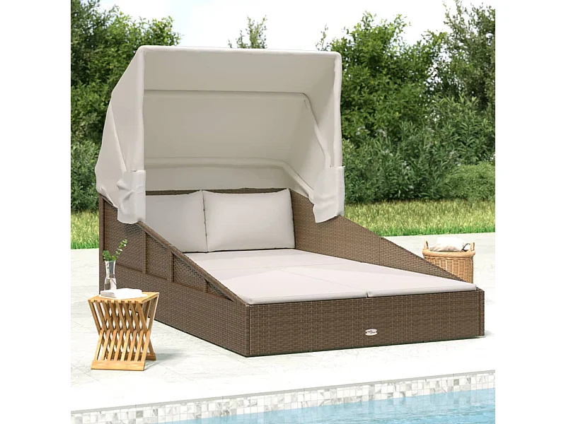 Ligbed met inklapbaar dak 200x114x128 cm poly rattan bruin NL612022