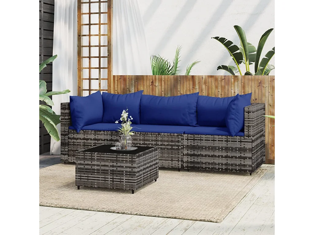 4-tlg. Garten-Sitzgruppe: Sofa + Tisch | Garten-Lounge-Set mit Kissen Grau Poly Rattan -GKD662197