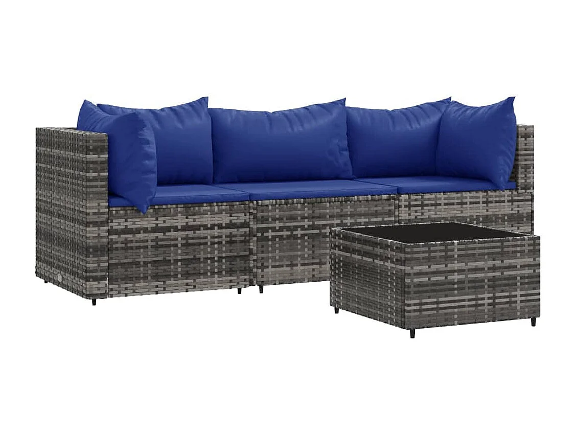 4-tlg. Garten-Sitzgruppe: Sofa + Tisch | Garten-Lounge-Set mit Kissen Grau Poly Rattan -GKD662197