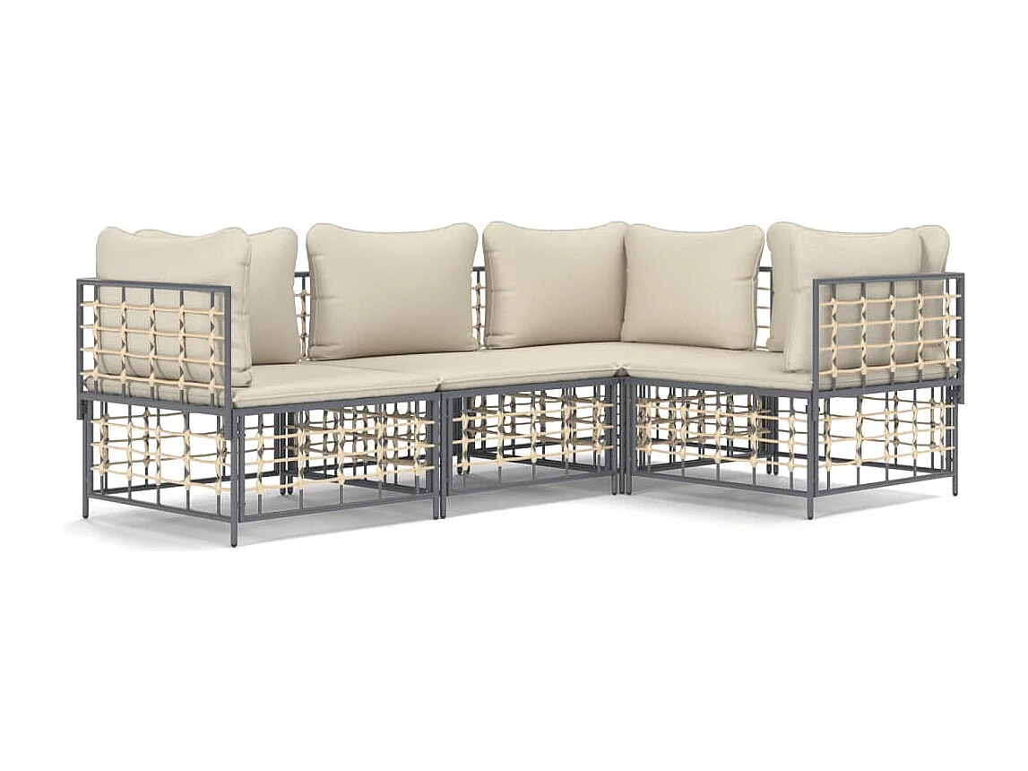 4-tlg. Garten-Sitzgruppe: Sofa + Tisch | Garten-Lounge-Set mit Kissen Anthrazit Poly Rattan -GKD760436