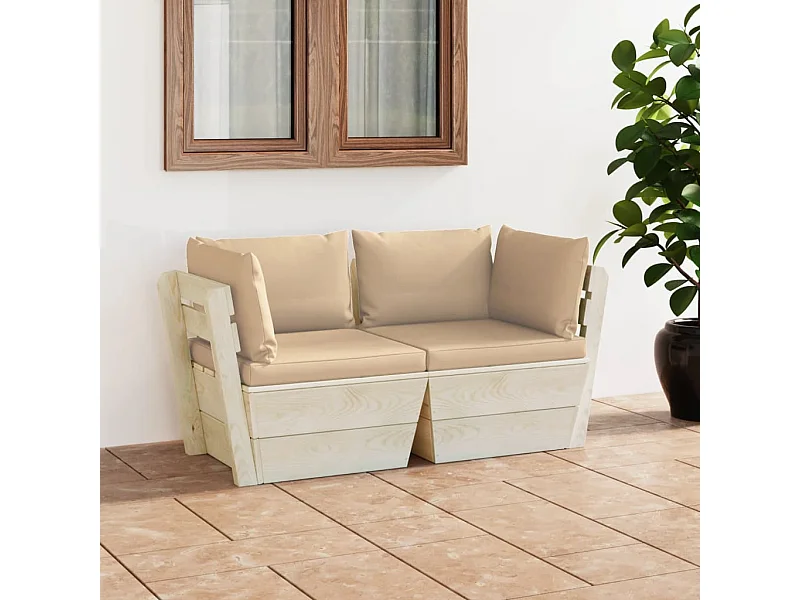 Canapé palette à 2 places de jardin avec coussins Bois d'épicéa REO30444