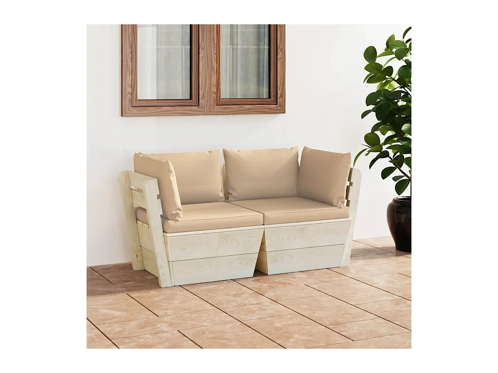 Canapé palette à 2 places de jardin avec coussins Bois d'épicéa REO30444