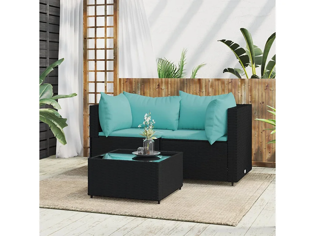 3-tlg. Garten-Sitzgruppe: Sofa + Tisch | Garten-Lounge-Set mit Kissen Schwarz Poly Rattan -GKD879771