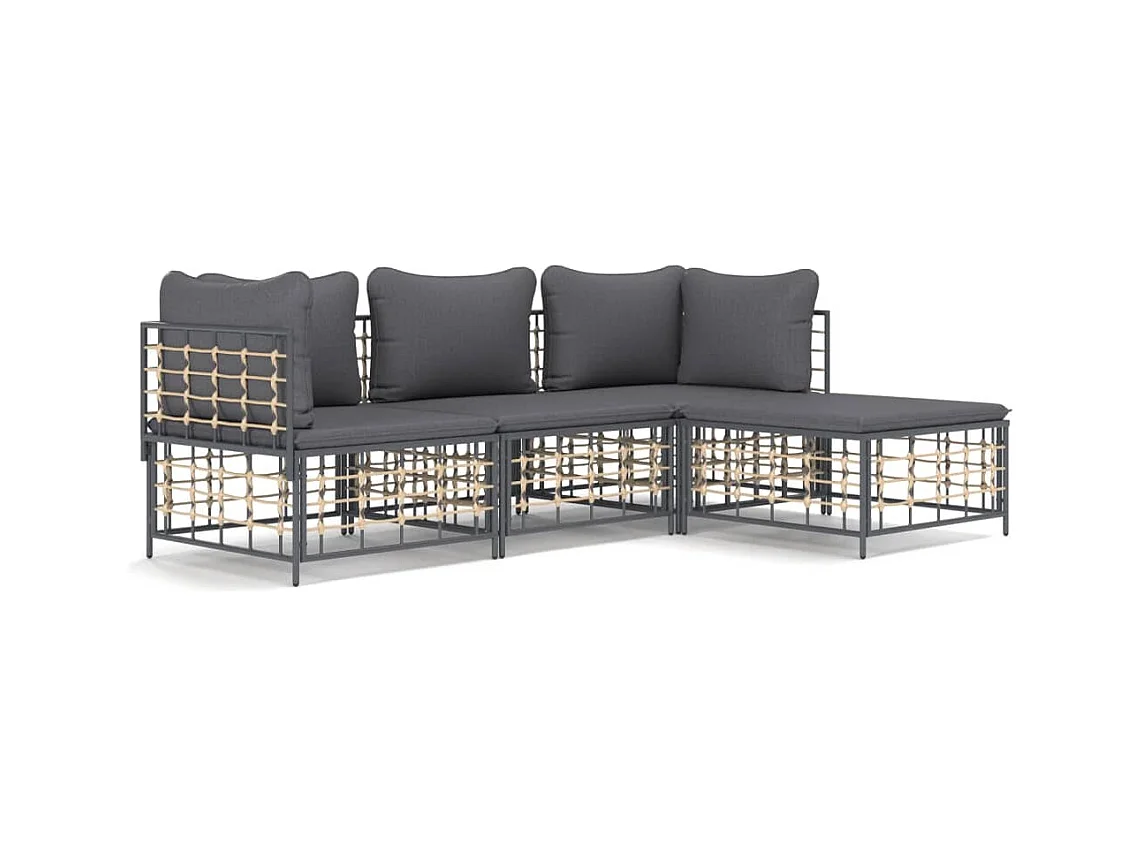 4-tlg. Garten-Sitzgruppe: Sofa + Tisch | Garten-Lounge-Set mit Kissen Anthrazit Poly Rattan -GKD947904