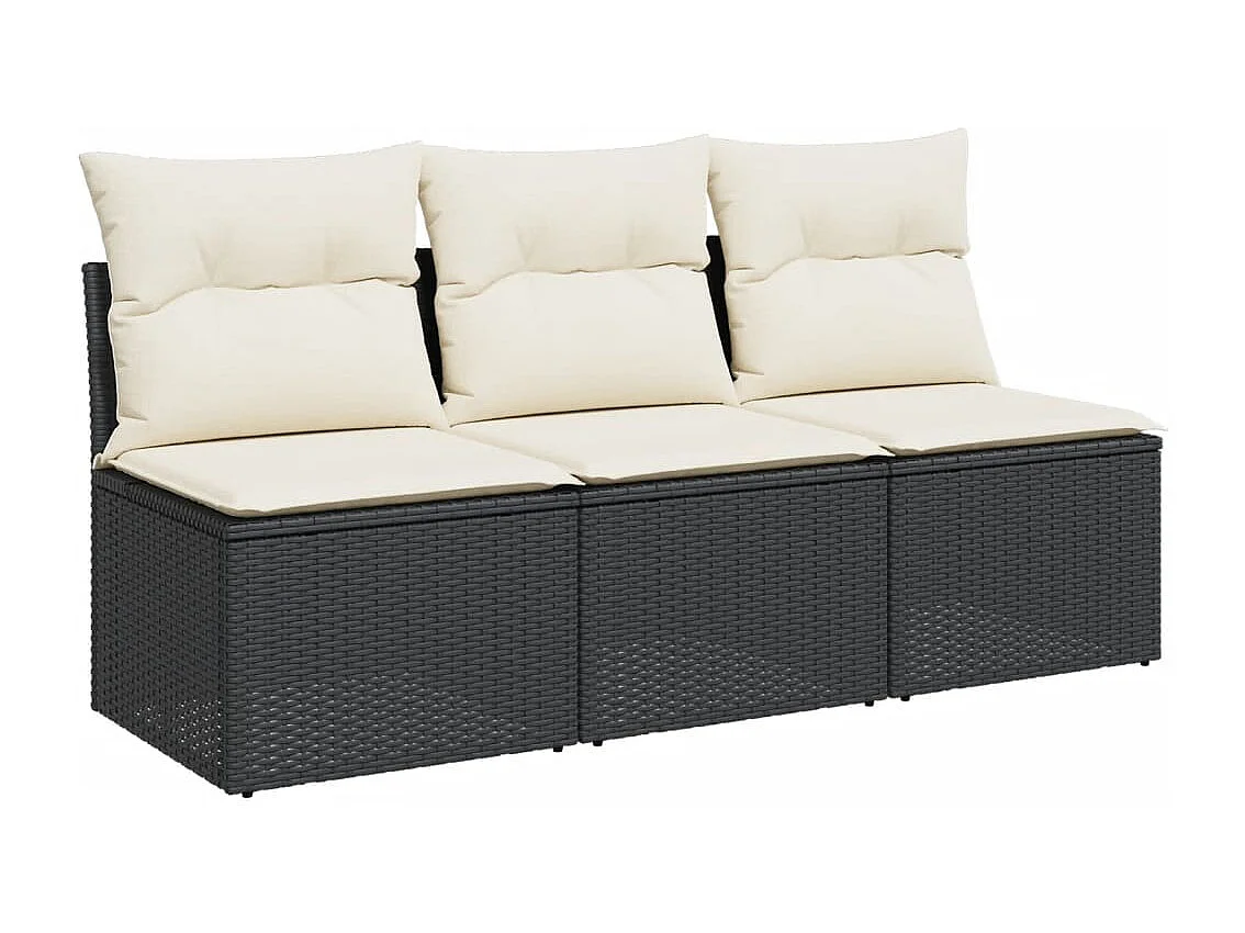 Sofá de jardim 3 lugares com almofadões vime PE preto PT806452