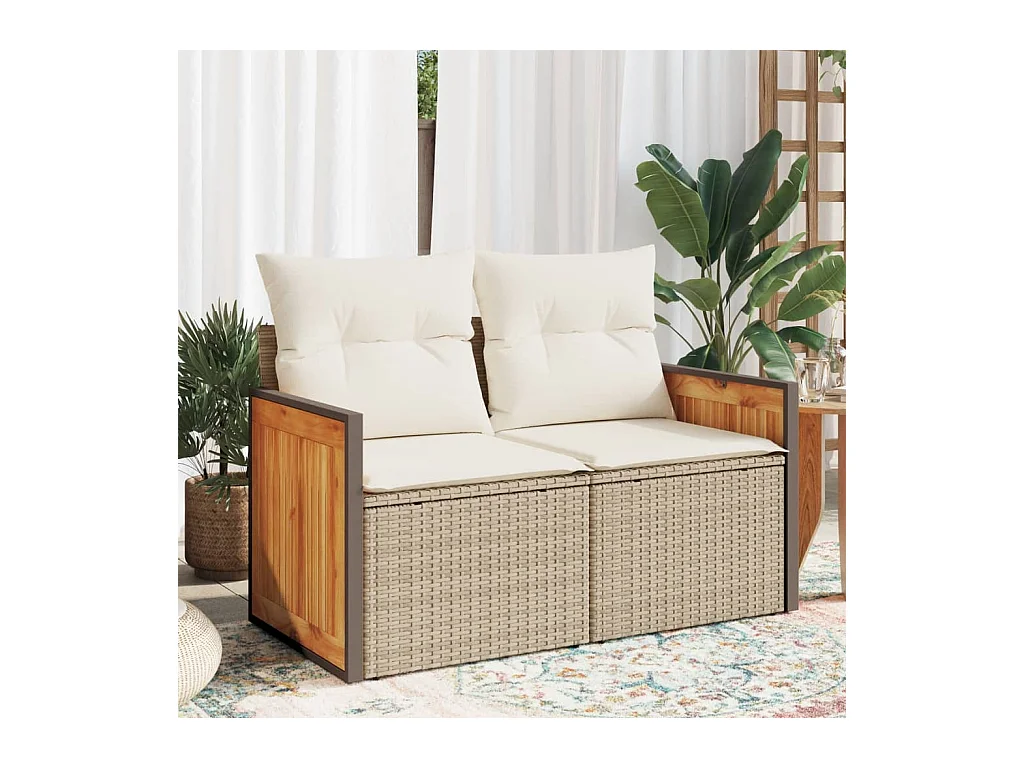 Canapé de jardin avec coussins 2 places beige résine tressée REO54992