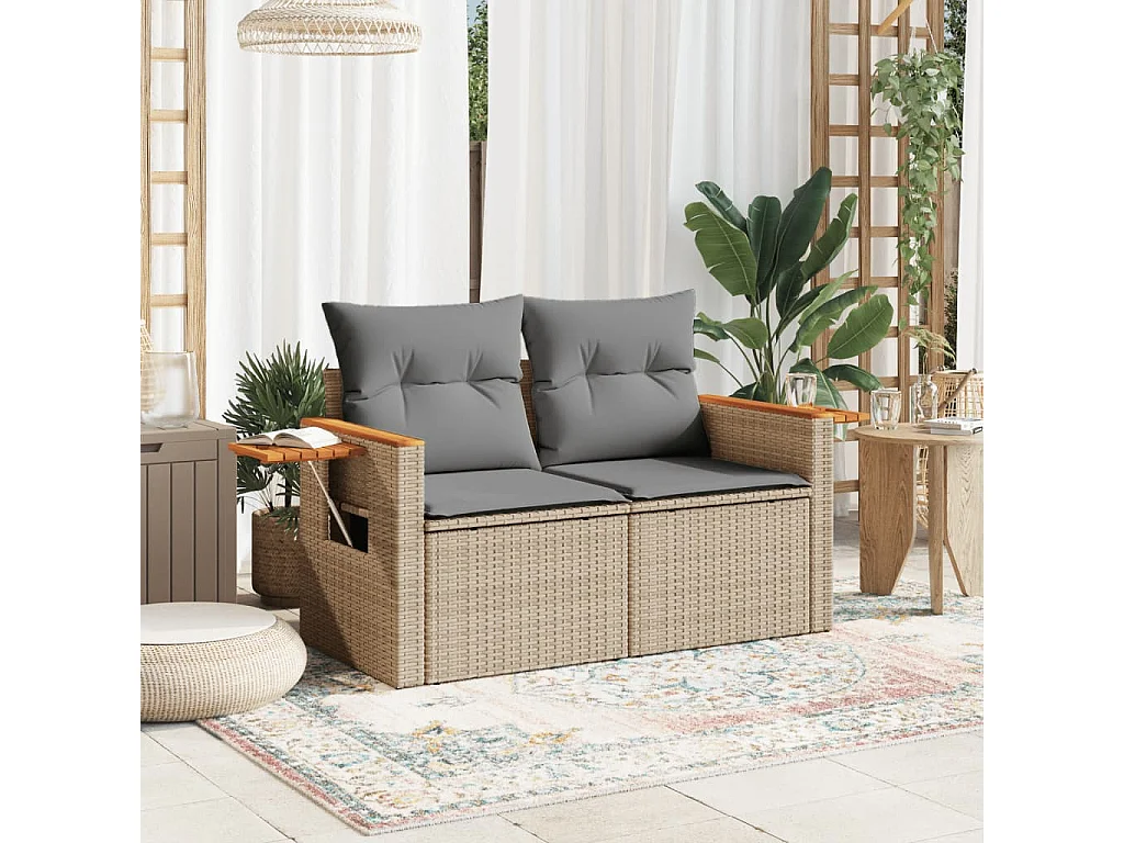 Canapé de jardin avec coussins 2 places beige résine tressée REO47743