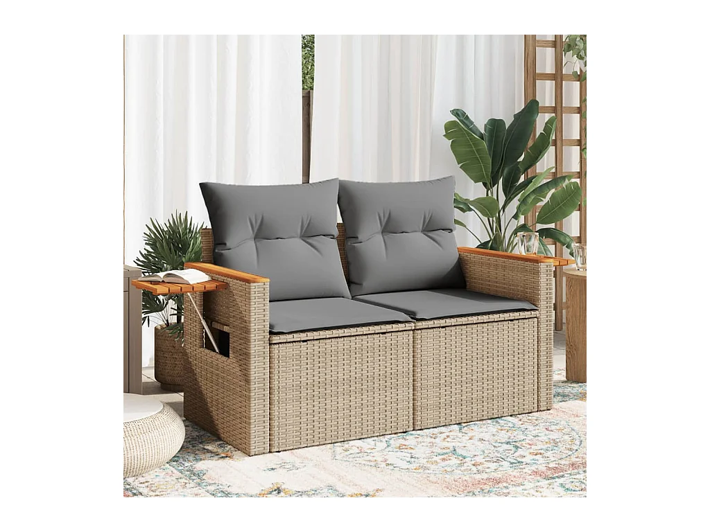 Canapé de jardin avec coussins 2 places beige résine tressée REO47743