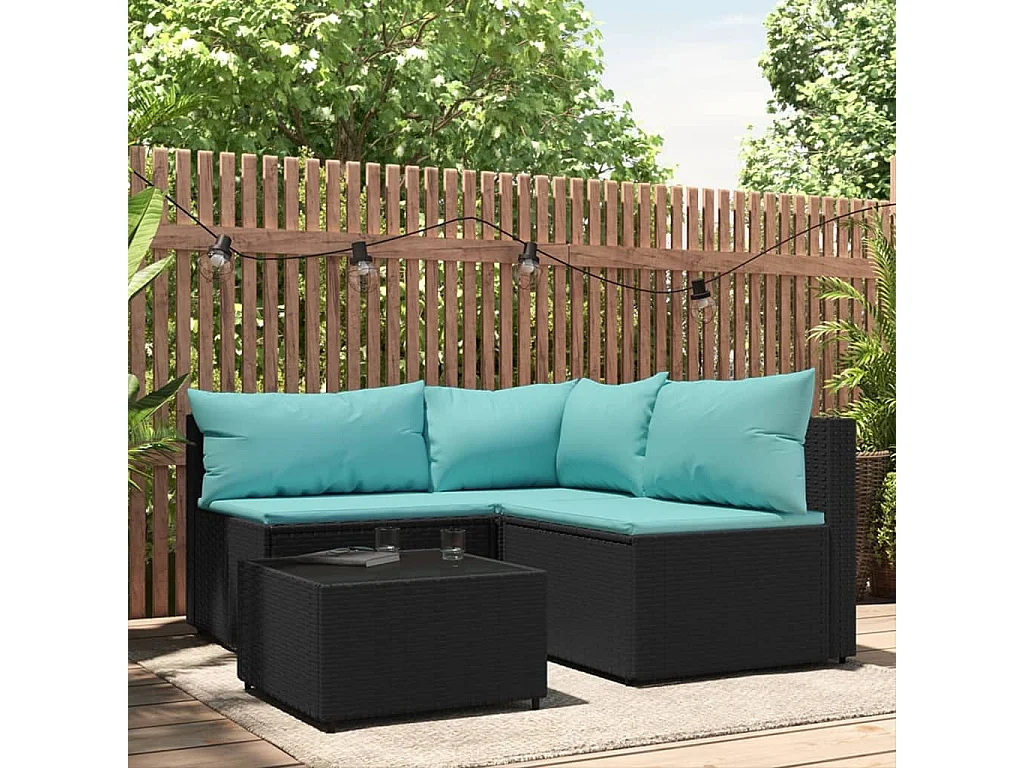 4-tlg. Garten-Sitzgruppe: Sofa + Tisch | Garten-Lounge-Set mit Kissen Schwarz Poly Rattan -GKD593807