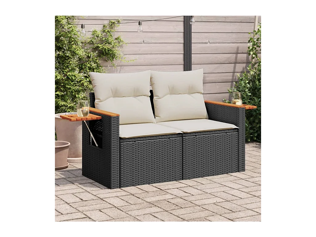 Canapé de jardin avec coussins 2 places noir résine tressée REO76577