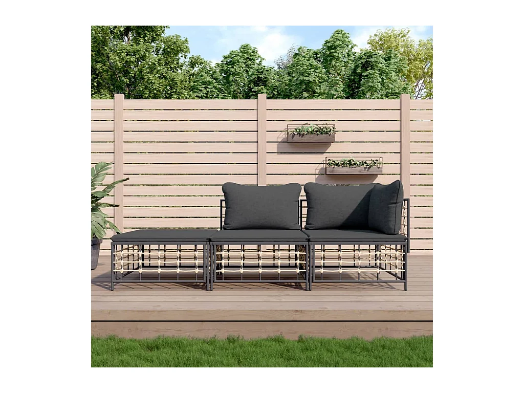Salon de jardin 3 pcs avec coussins anthracite résine tressée REO32992