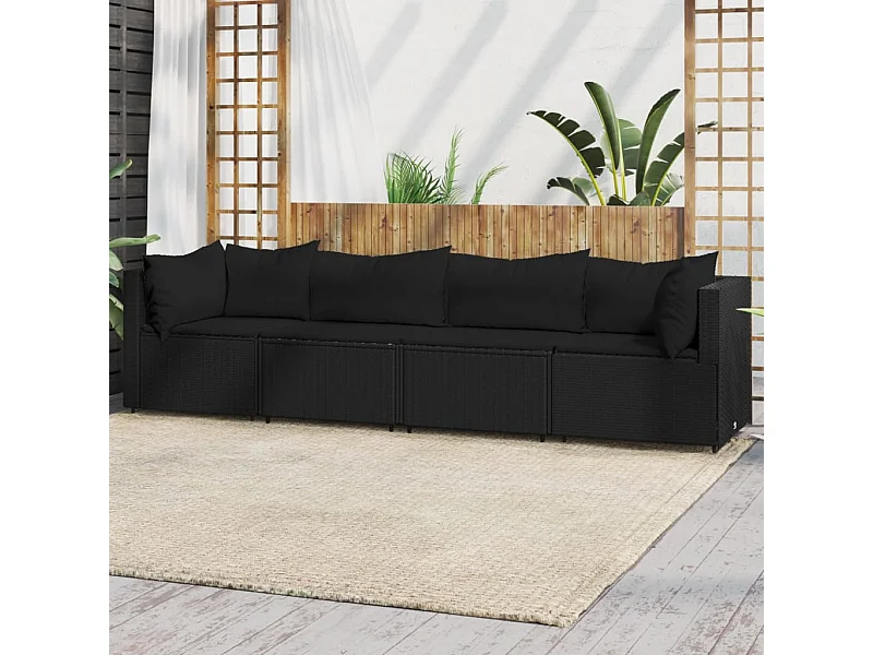 4-tlg. Garten-Sitzgruppe: Sofa + Tisch | Garten-Lounge-Set mit Kissen Schwarz Poly Rattan -GKD104999