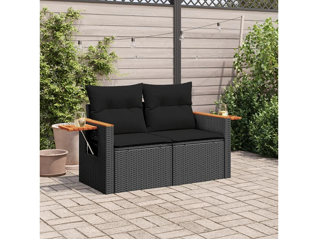 Canapé de jardin avec coussins 2 places noir résine tressée REO97799