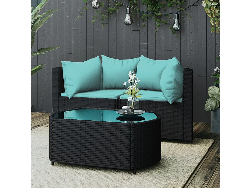 3-tlg. Garten-Sitzgruppe: Sofa + Tisch | Garten-Lounge-Set mit Kissen Schwarz Poly Rattan -GKD332967