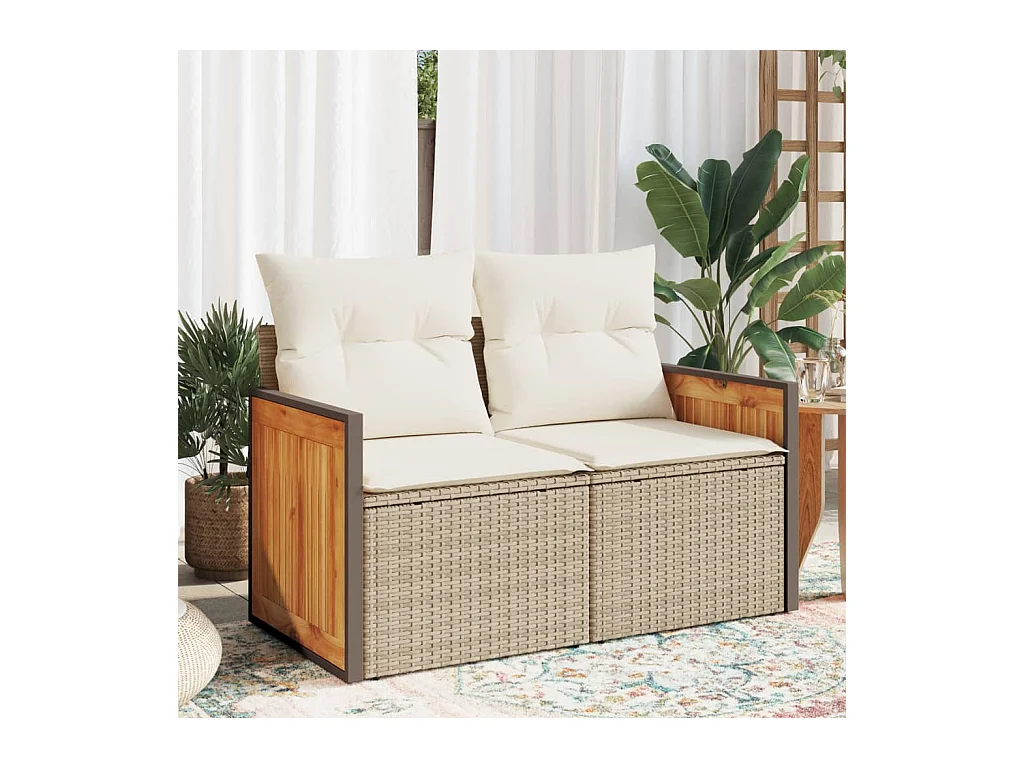 Canapé de jardin avec coussins 2 places beige résine tressée REO69490