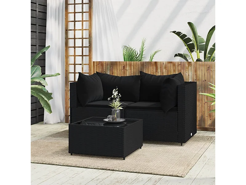 Set de muebles de jardín 3 pzas y cojines ratán sintético negro KOW45725