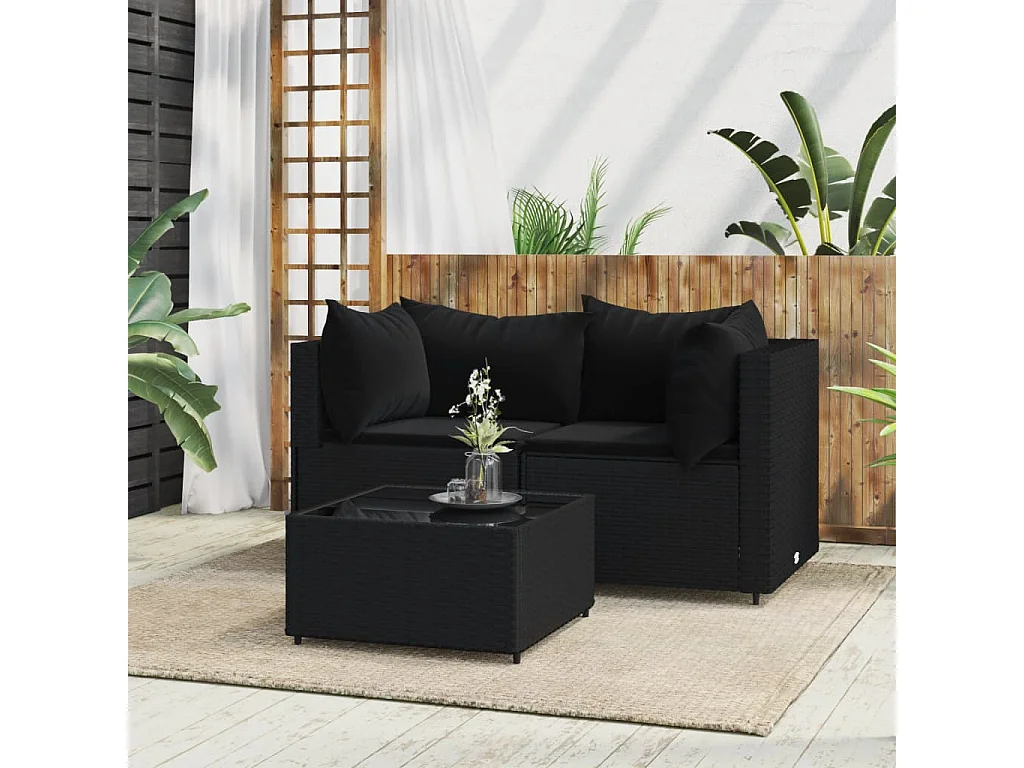 Set de muebles de jardín 3 pzas y cojines ratán sintético negro KOW45725