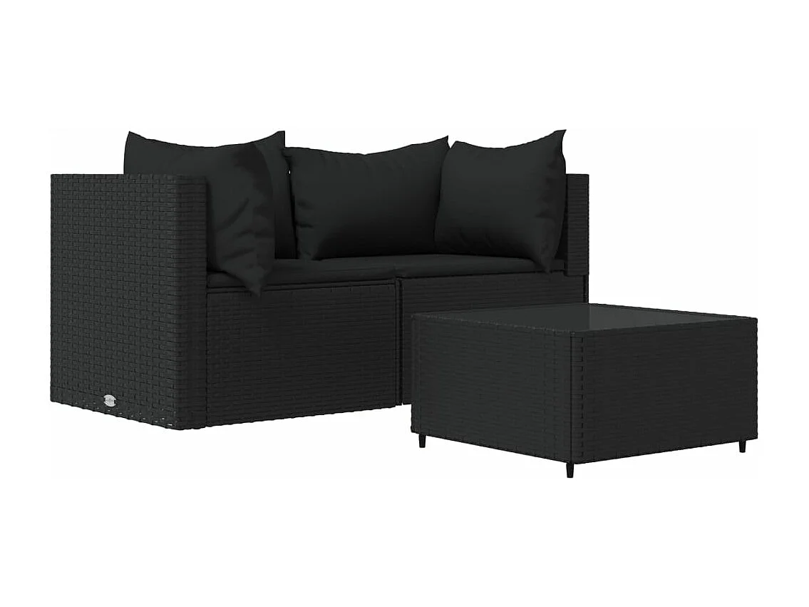 3-tlg. Garten-Sitzgruppe: Sofa + Tisch | Garten-Lounge-Set mit Kissen Schwarz Poly Rattan -GKD730399