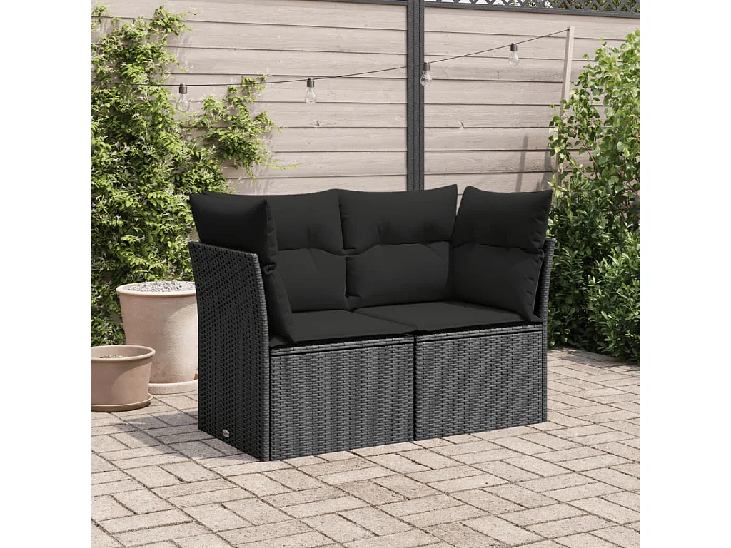 Canapé de jardin avec coussins 2 places noir résine tressée REO22692