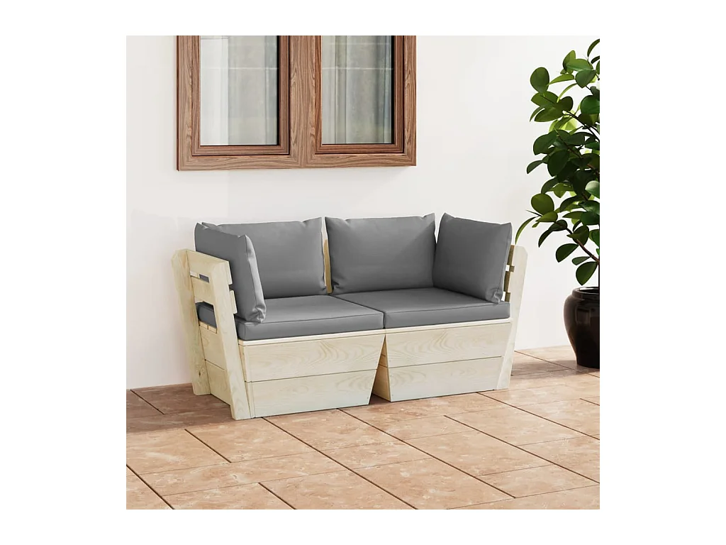 Canapé palette à 2 places de jardin avec coussins Bois d'épicéa REO32166