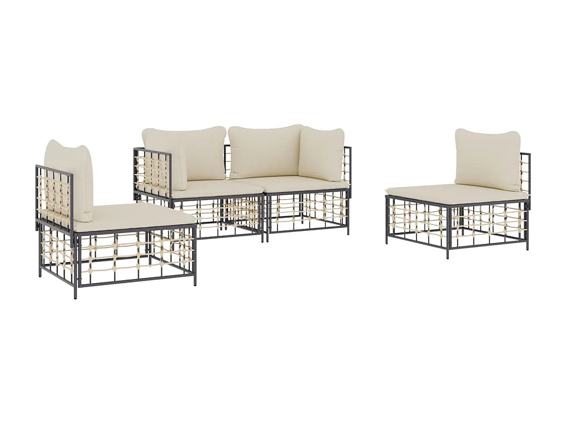 4 pcs conjunto lounge de jardim c/ almofadões vime PE antracite PT268675